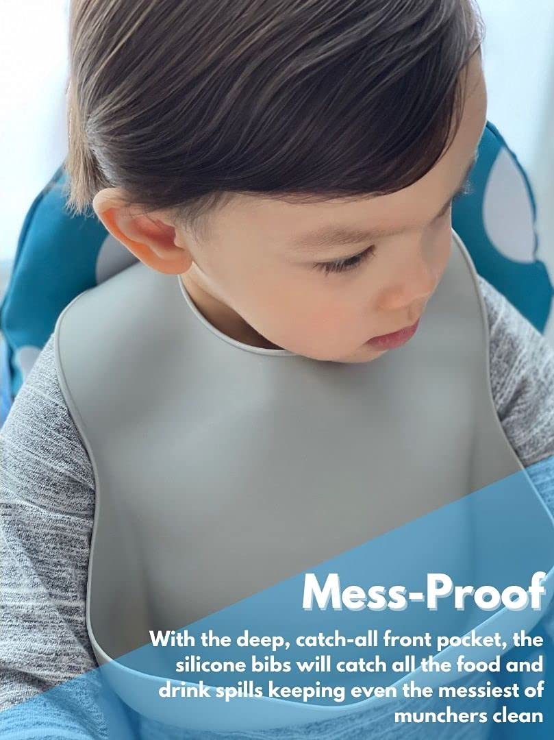 The Happy Stork Silicone Baby Bib with Food Catcher, Adjustable Fit Waterproof, Silicone Bibs for Girl, Boy, Infant and Toddlers Ages 6 to 36 Months