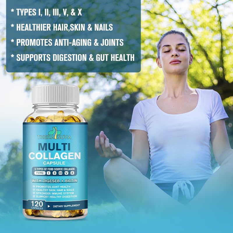TheraSuva Multi-Collagen Complex + Biotin + Vitamin C, Type I II III V X, All Natural, Non GMO, for Healthy Hair, Beautiful Skin & Nails, Joint Health. 120 Capsules, 60 Day Supply