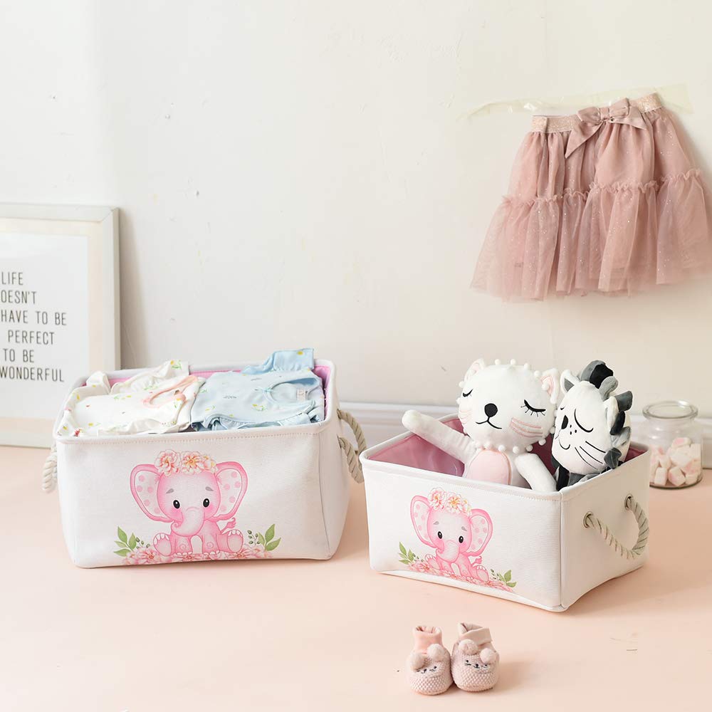 INough Pink Basket, Babies Toy Box, Baby Shower Storage Boxes Cute Pink Laundry Basket, Collapsible Book Storage Basket Elephant Decoration for Kidsroom Nursery Room Play Room (Large, Pink Elephant)