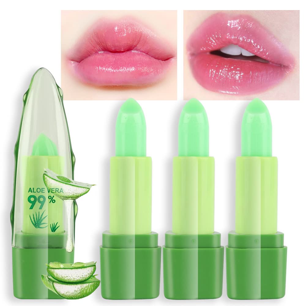 BINGBRUSH 3 Pcs Aloe Vera Color Changing Lipstick Queen,Long Lasting Lip Care Nutritious Plumper Lip Balm Moisturizer Magic PH Temperature Color Change Lip Gloss Makeup Set for Women
