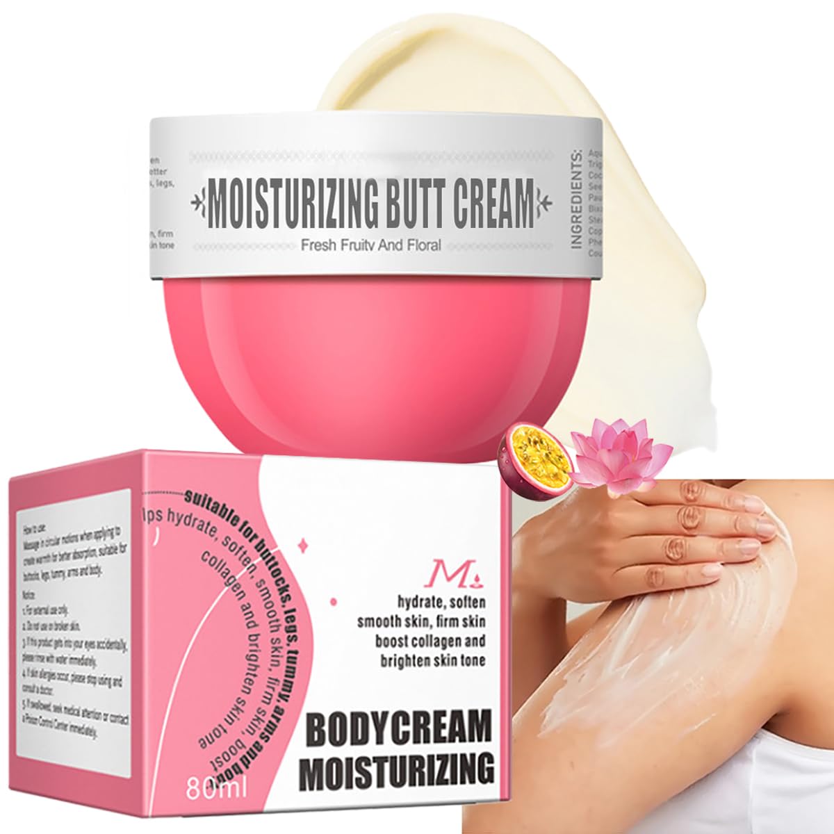 Tiejdhr Moisturizing Butt Cream, Body Cream Butt Firming Cream Body Skin Repair- Fast Absorbing, Non-Greasy Hydrate & Smooth Skin- 80ml (#2 Fresh Flower Fruit Smell)