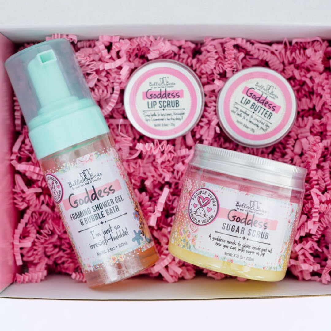 Bella & Bear Goddess MIdi Bath & Body Gift Set with Foaming Shower Gel & Bubble Bath, Body Scrub & Lip Scrub and Lip Butter - Gift - Women - Great for Easter gifts or Mothers Day basket.