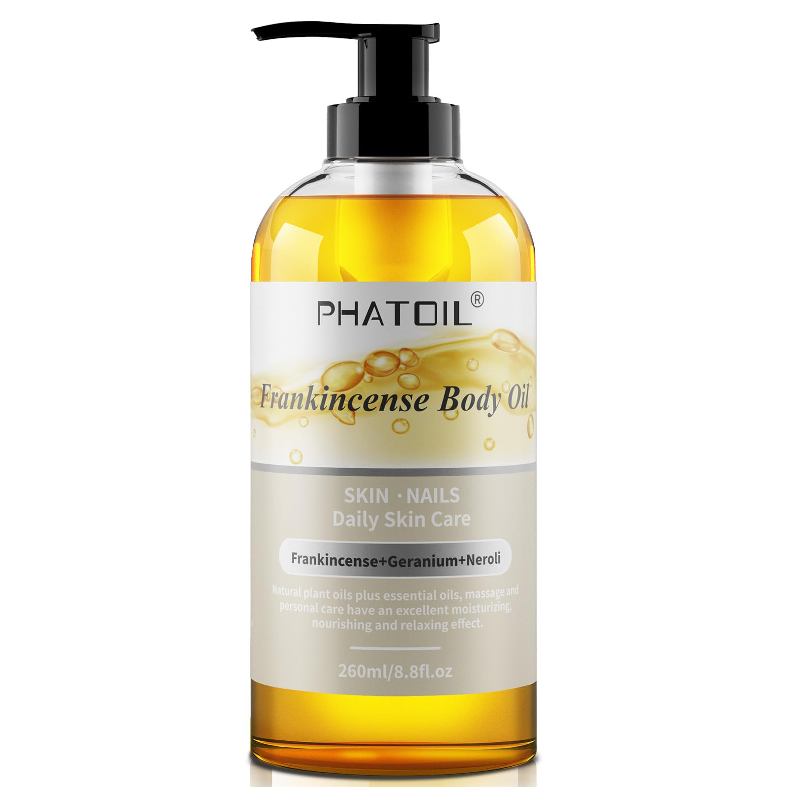 PHATOIL Frankincense Body Oil 8.8 FL.OZ, 260 ml Moisturizing Massage Oil Skin Oil with Pump, Body Oils for Men and Women Skincare, Blends of Natural Plant Oils and Essential Oils, Frankincense Oil