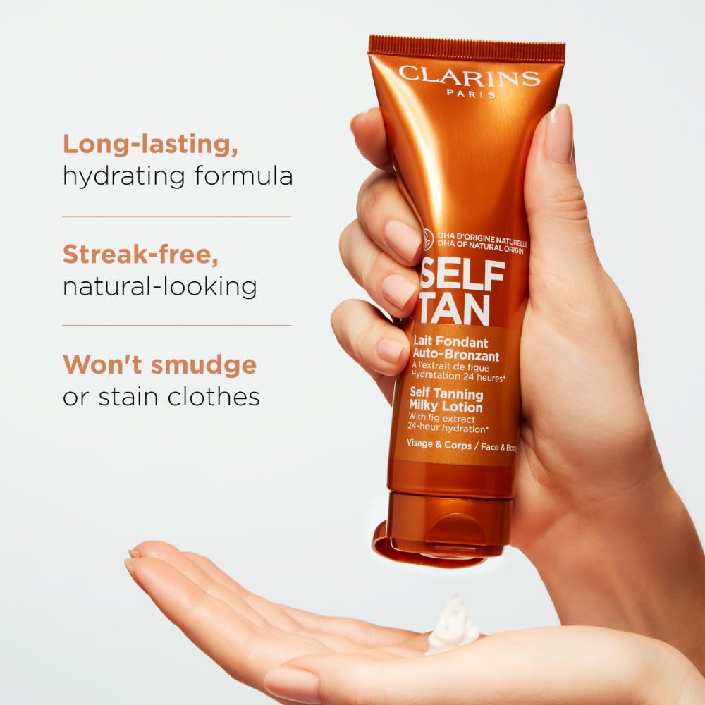 Clarins Self Tanning Milky Lotion | Self Tanner For Face and Body | Natural, Long-Lasting, Streak-Free, Sun-Kissed Glow and 24-Hour Hydration* | Non-Staining | Contains Glycerin | 4.2 Ounces