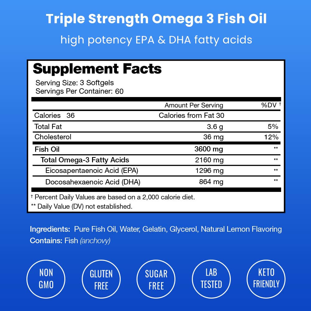 NutraChamps Omega 3 Fish Oil Supplements 3600mg with EPA & DHA, High Potency Omega 3 Supplement to Support Heart, Immune Health, 180 Natural Lemon Burpless Fish Oil Capsules