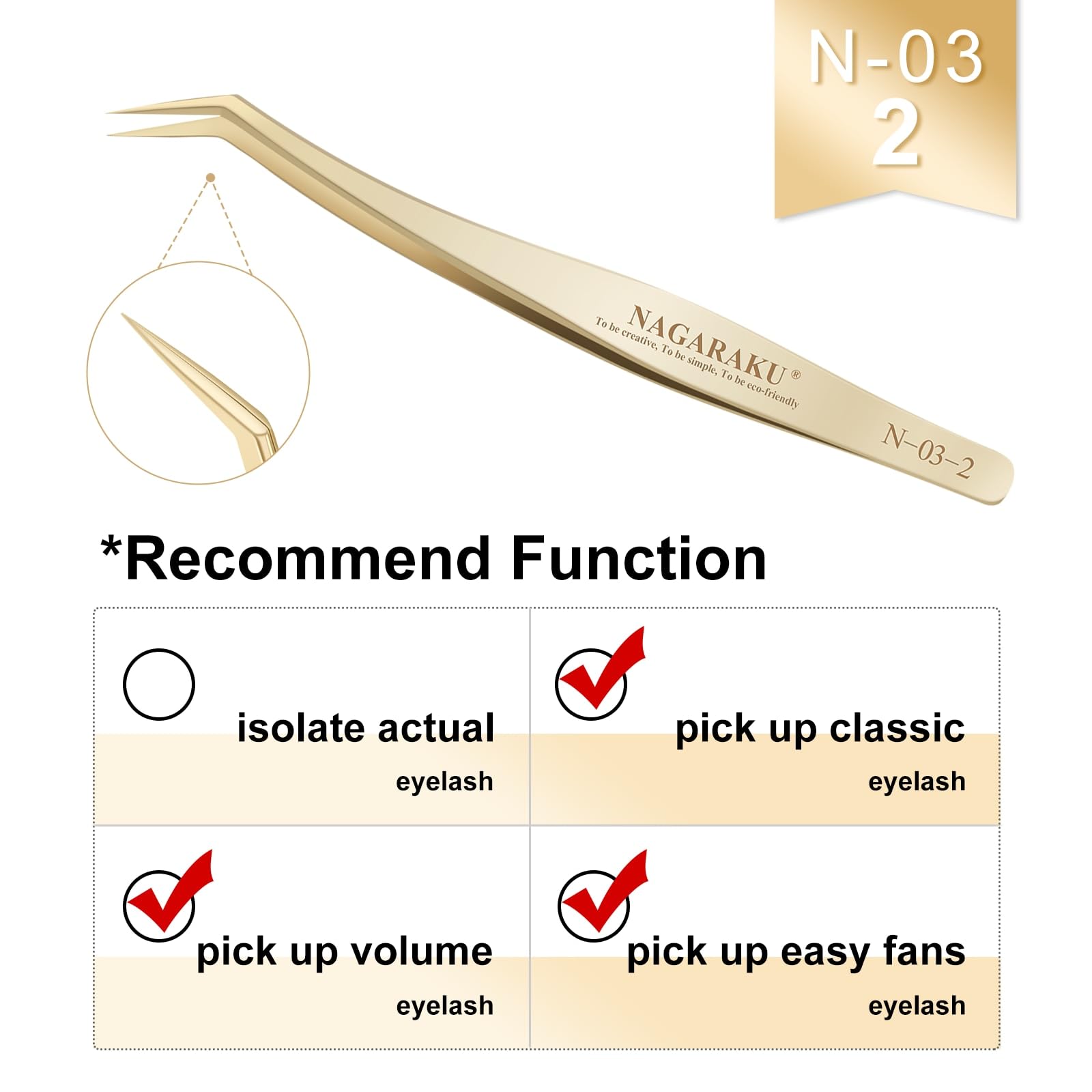 NAGARAKU Tweezers for Eyelash Extensions Gold Curved Angled Long tip Volume Cluster Super Light Weight Easy Fanning Tweezers Stainless Steel Precision (N-03-2)
