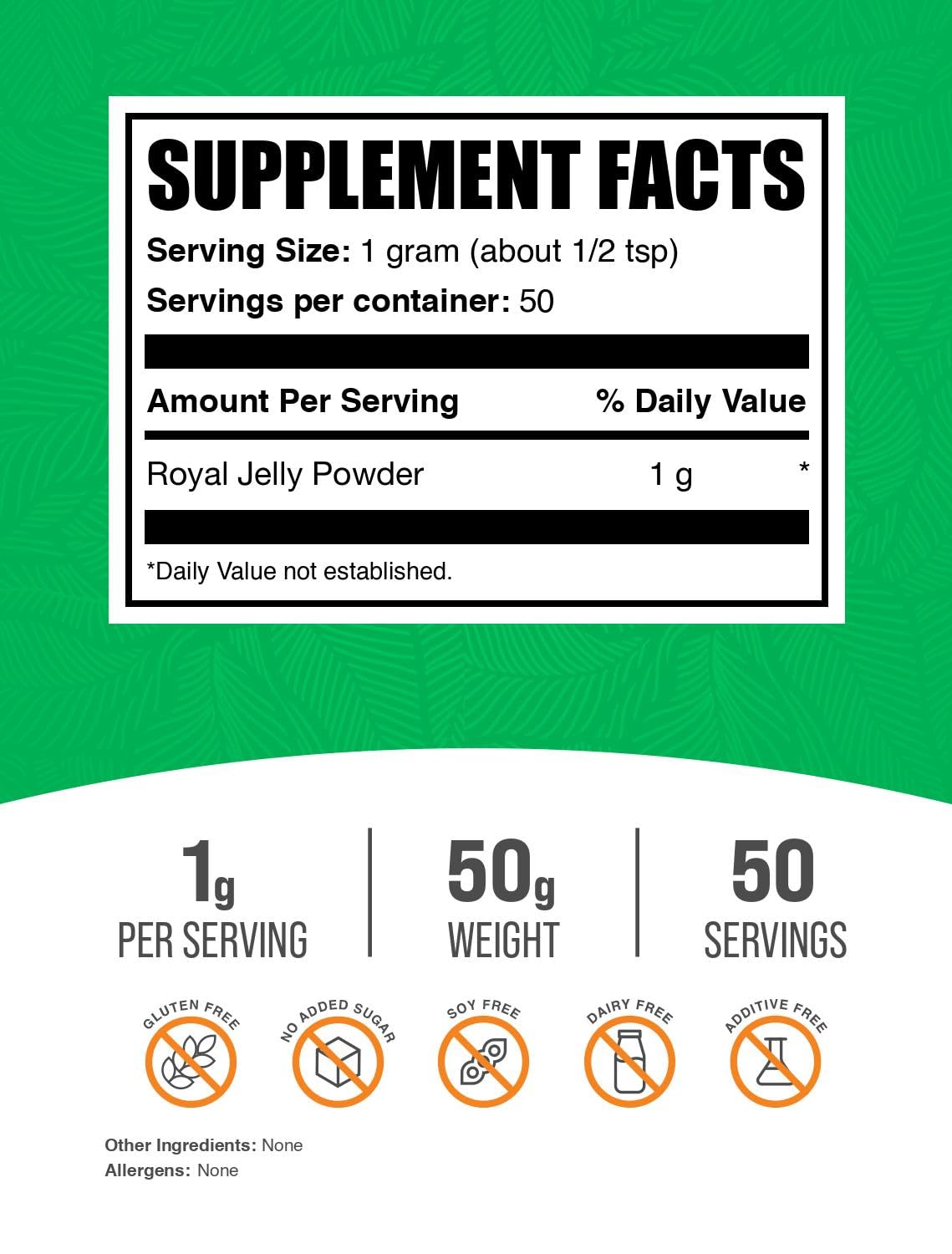BulkSupplements.com Royal Jelly Powder - Royal Jelly Supplement, Royal Jelly 1000mg - for Immune Support, Gluten Free, 1000mg per Serving, 50g (1.8 oz) (Pack of 1)
