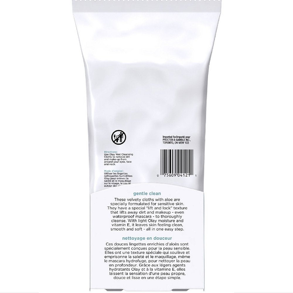 OLAY Wet Cleansing Cloths Gentle Clean, Sensitive/Fragrance-Free 30 Ea (Pack of 5)
