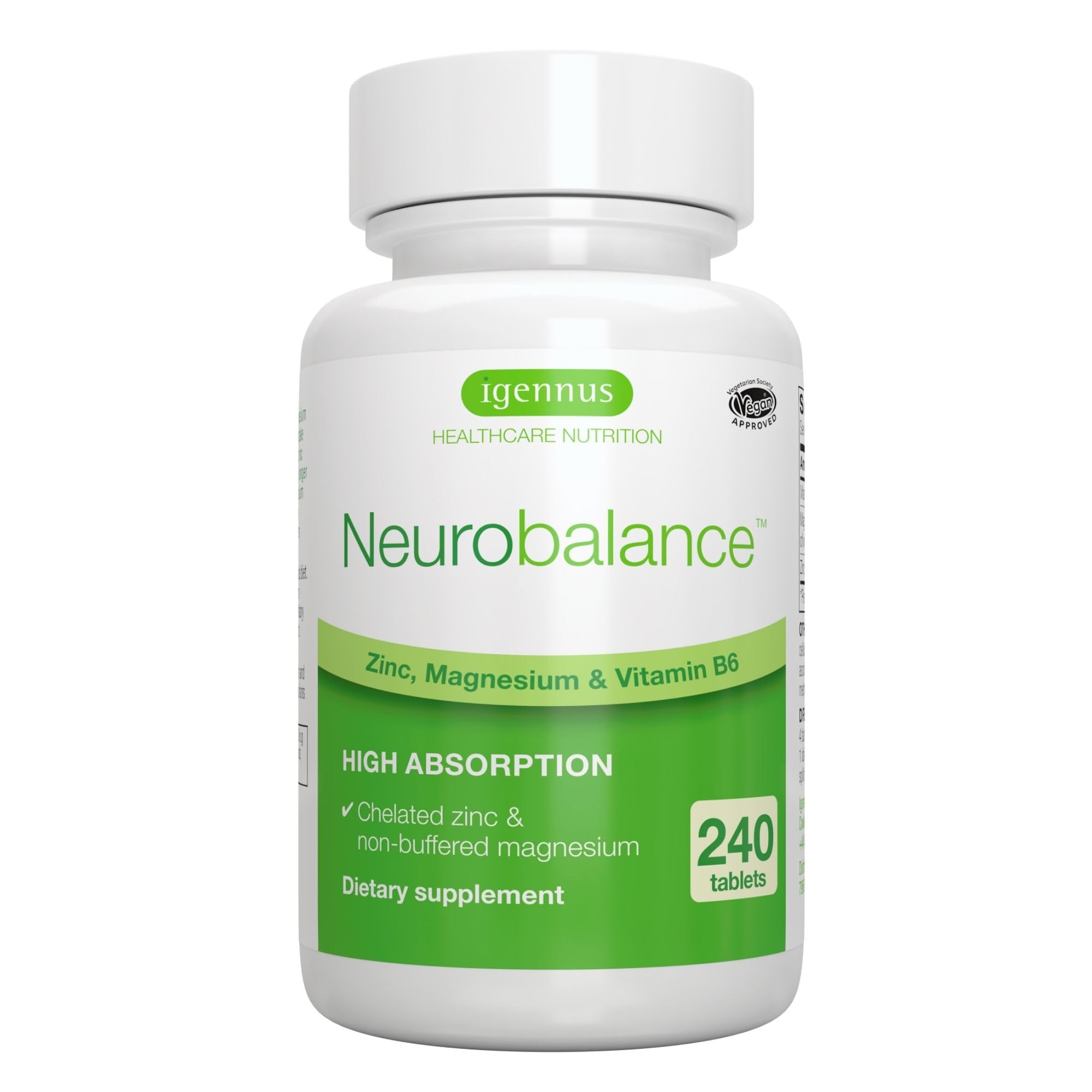 Igennus Neurobalance, High Absorption Chelated Zinc Picolinate 24mg, Magnesium & Vitamin B6, Brain, Sleep & Immune, Magnesium Stearate and Oxide-Free, Non-GMO, 240 Tablets