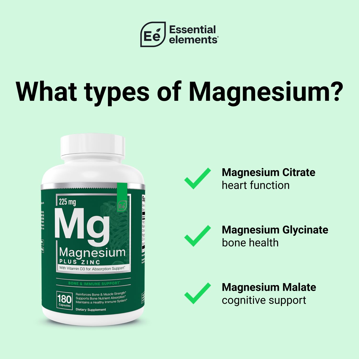Essential Elements Magnesium & Zinc with Vitamin D3 for Sleep Immune & Bone Support - Magnesium Glycinate, Malate, Citrate 200mg - Triple Magnesium Supplement for Women and Men - 3 Month Supply