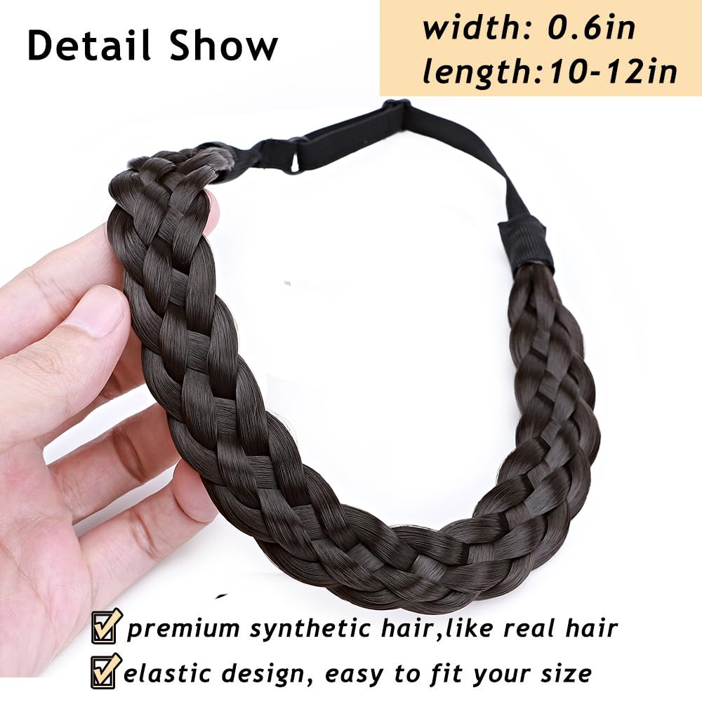 Braided Hair band Plaited Headband Elastic Stretch Wide Plaited Braids Braided Headband Synthetic Hairpiece Chunky Braided Headband Trendy Girls Women (Medium-five strands braided, dark brown)