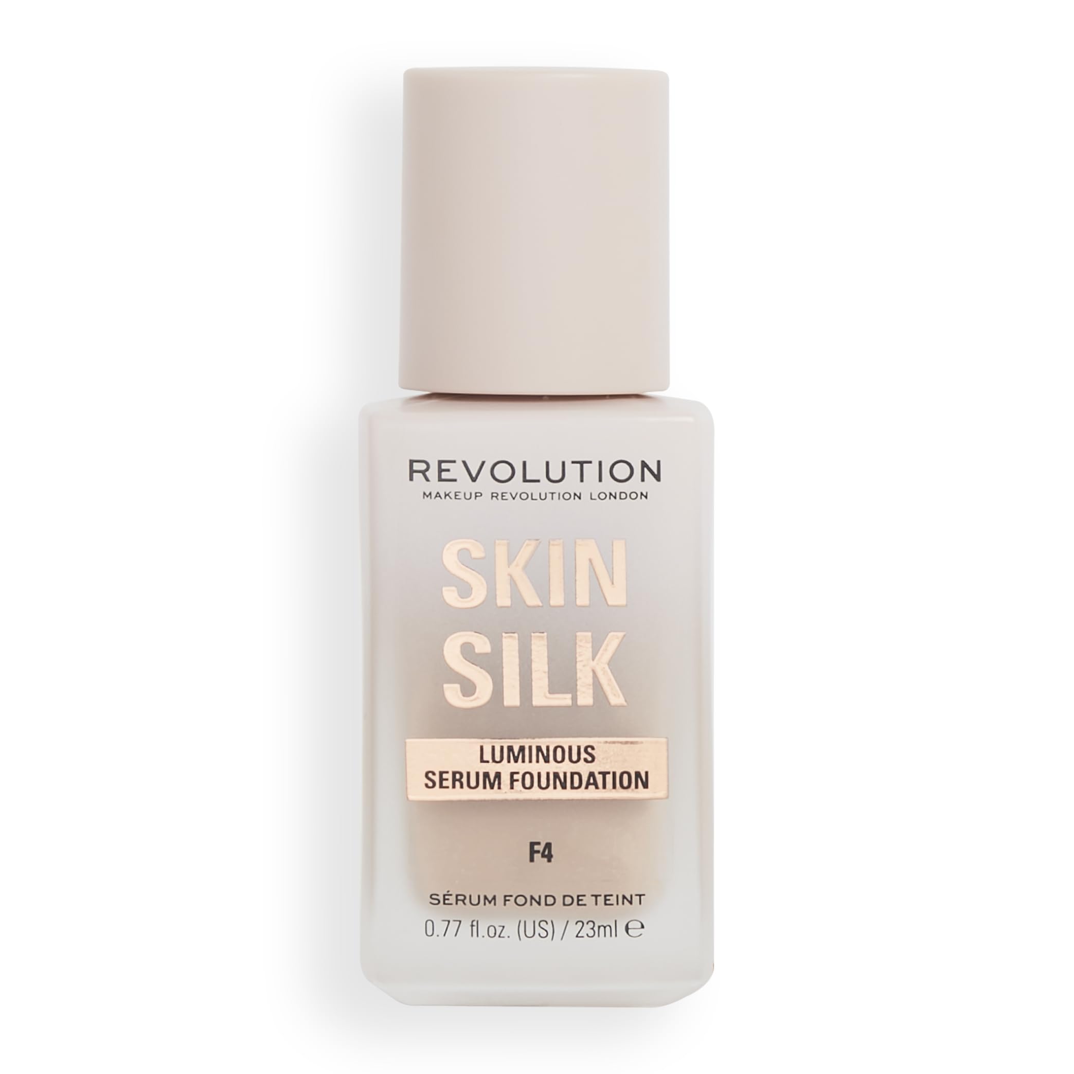 Revolution Beauty, Skin Silk Serum Foundation, Light to Medium Coverage, Lightweight & Radiant Finish, Contains Hyaluronic Acid, F4 Light Skin Tones, 0.77 Fl. Oz.