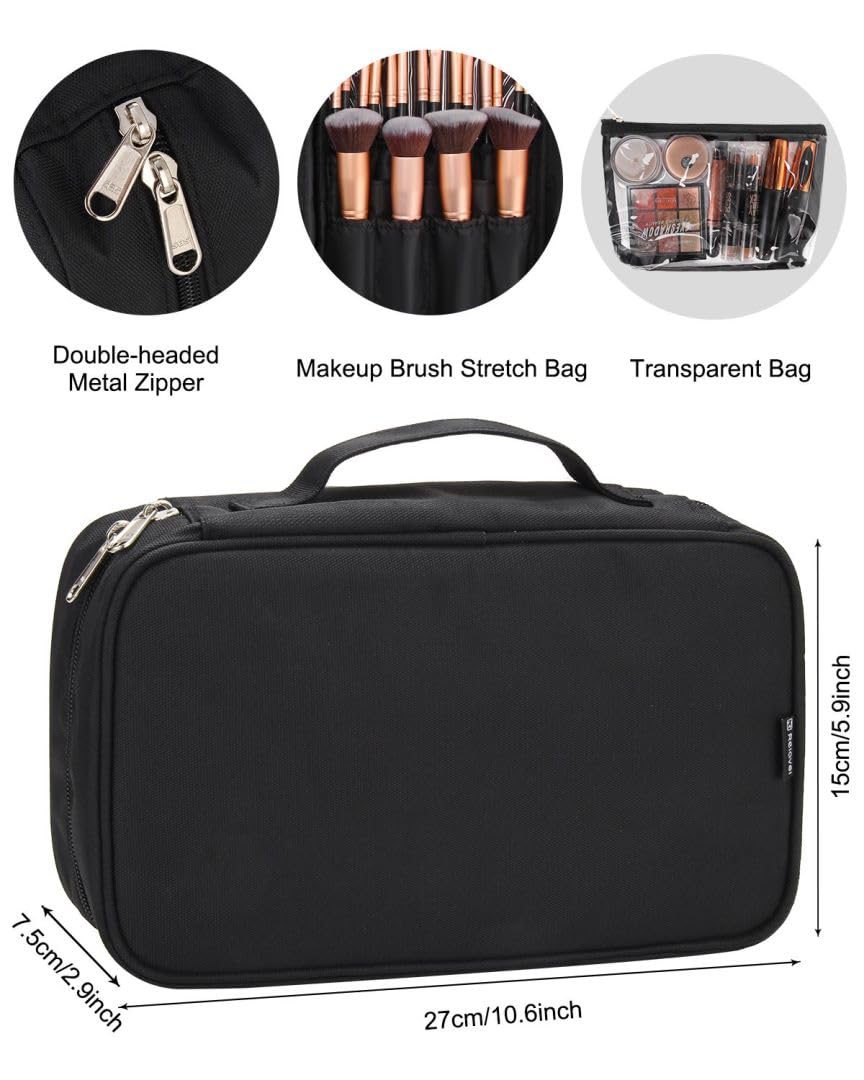 Makeup Brush Bag, Makeup Brush Organizer Cosmetic Bags Makeup Artist Case with Belt Strap Holder Multi functional Cosmetic Bag Makeup Handbag for Travel & Home Gift (Black)