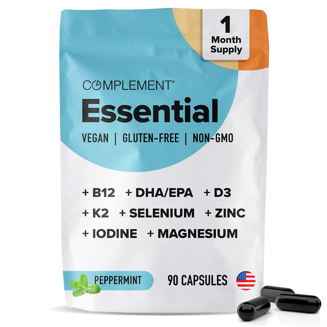 Complement Essential Vegan Multivitamin for Women & Men (30 Servings, 90 Capsules) Omega 3 DHA+EPA, B12, Vitamin D3 K2, Zinc, Selenium, Magnesium, Iodine Supplement - Immune Support