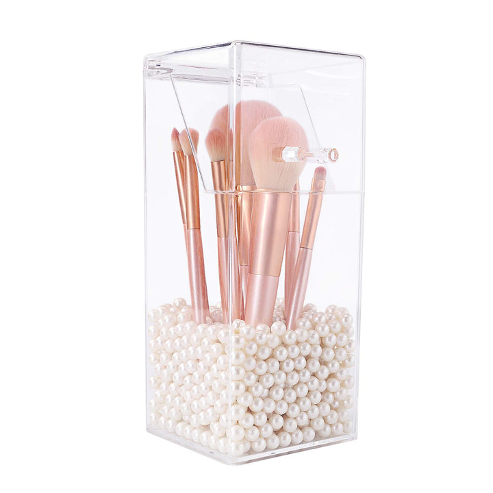 Shellkingdom Makeup Brush Holder,Clear Cosmetic Brushes Organizer for Storage Brushes with Lid and Pearl for Dressing Tables and Vanity (White pearl)