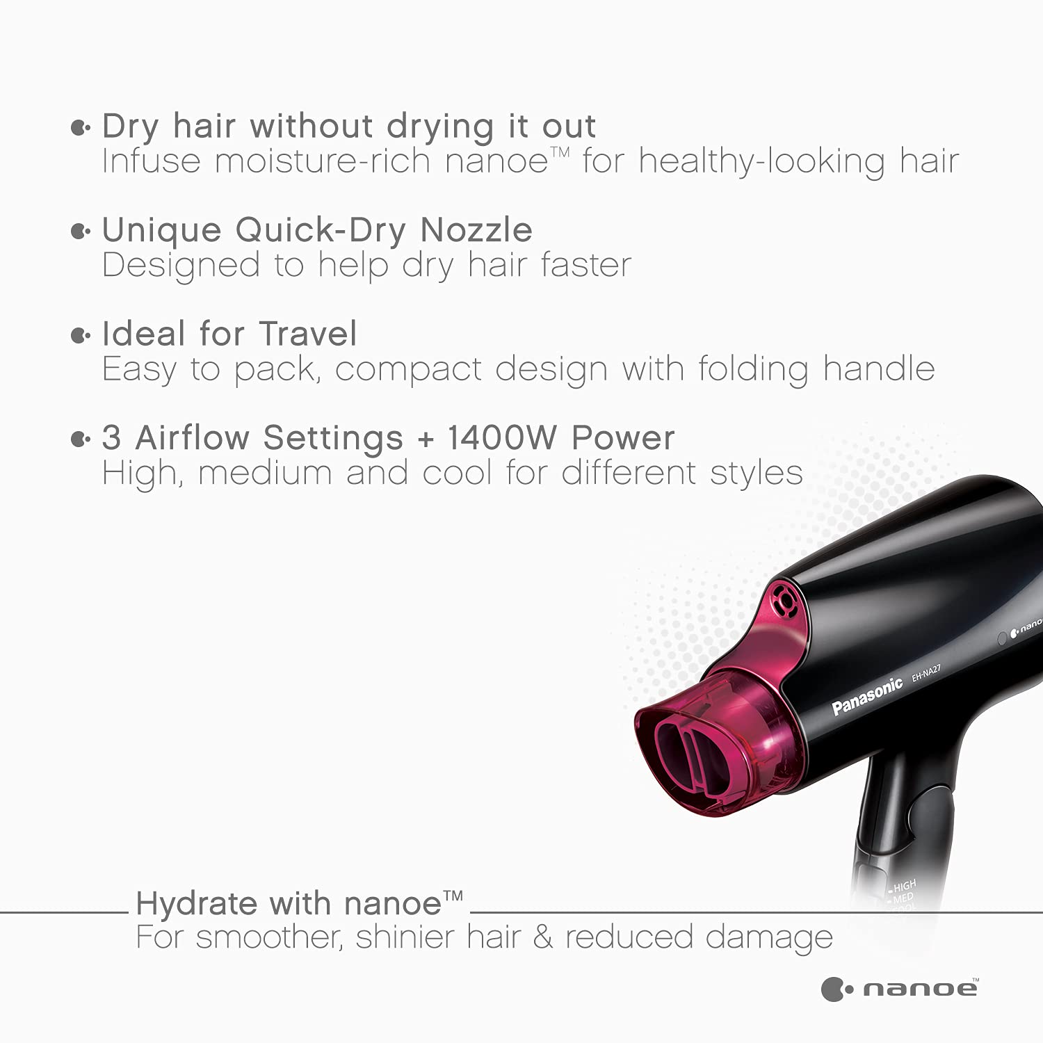 Panasonic Compact Hair Dryer with Folding Handle and Nanoe Technology for Smoother, Shinier Hair, 0.82 Pound