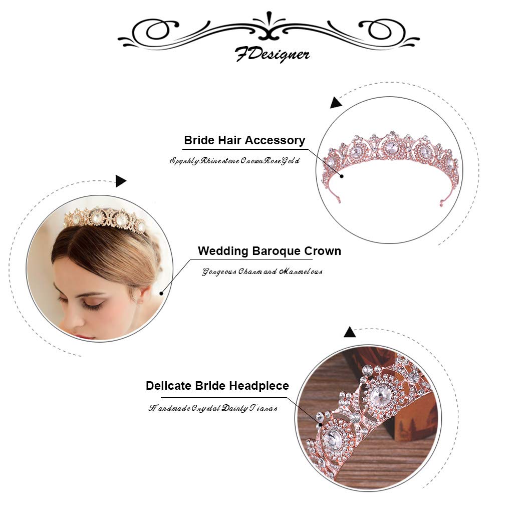 FDesigner Bride Crowns Wedding Crystal Tiaras Hair Jewelry Bridal Hair Accessories Princess Prom Headpieces for Women and Girls (Rose Gold)