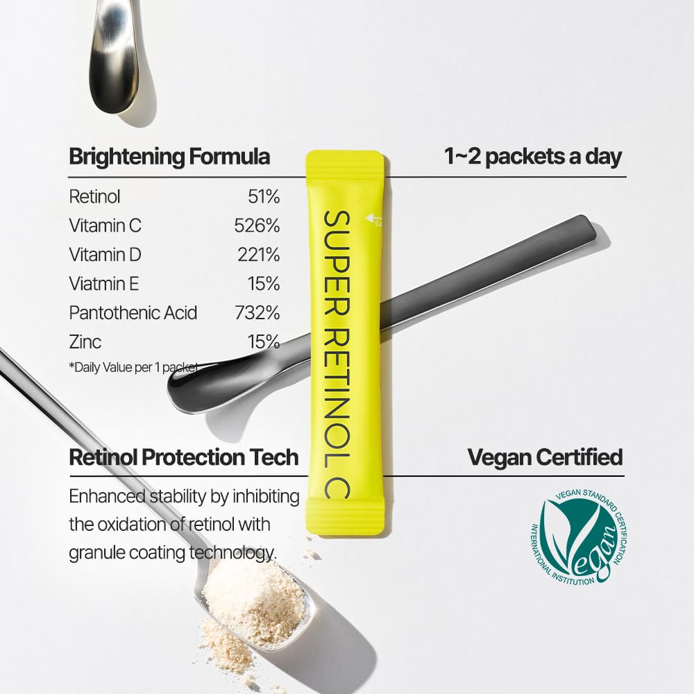 VITALBEAUTIE Super RetinolC (Powder, Skincare Supplement) - Retinol, Vitamin A, C, D, E, Pantothenic Acid, Zinc, L-Cysteine for Skin Radiance and Tone Vegan Authorized AMOREPACIFIC - 30 Packets