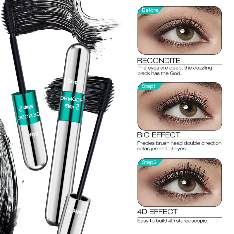 4D Silk Fiber Mascara - 2 in 1 Mascara Black Length 5X Longer, Natural and False Effect Look in One Long Lasting Mas Cara Makeup for Women