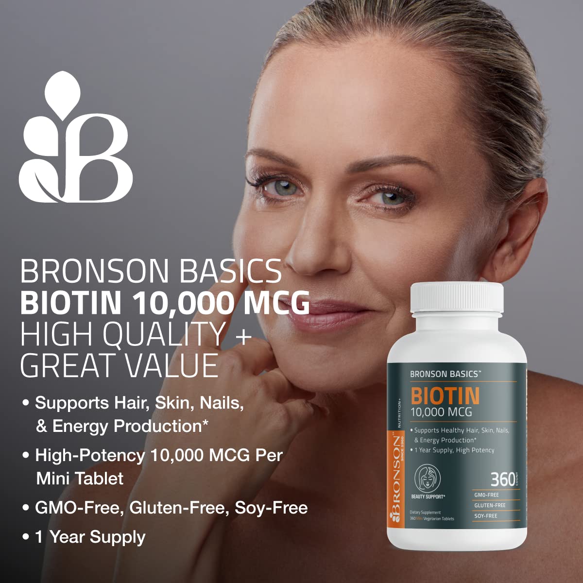 Bronson Biotin 10,000mcg, Supports Healthy Hair, Skin and Nails, Vegetarian, Non-GMO, 360 Tablets