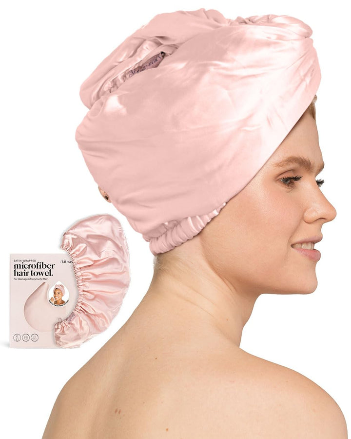 Kitsch Satin & Microfiber Hair Towel Wrap for Women, Absorbent Hair Wrap Towel for Wet Hair, Quick Dry Hair Towel for Long Hair, Microfiber Towel, Hair Turban Towel, Hair Accessories for Women (Blush)