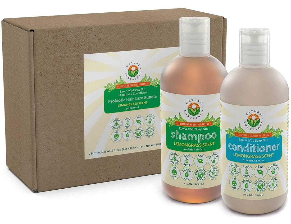 Nature Sustained Pure, Sensitive Skin Shampoo & Conditioner Raw Probiotic Plant Formula (pH Balanced) for Sensitive Skin & Dry Hair - (9 Oz. Bottles) (Lemongrass, 2-pack)