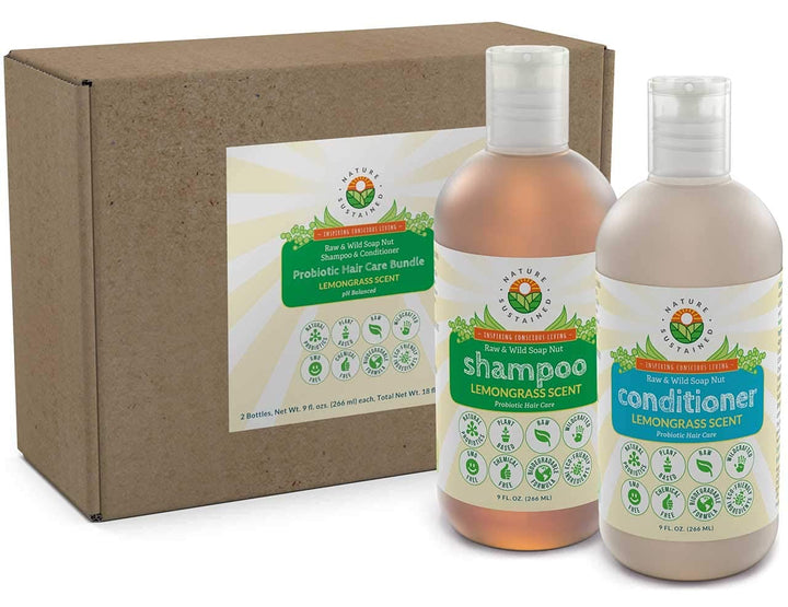 Nature Sustained Pure, Sensitive Skin Shampoo & Conditioner Raw Probiotic Plant Formula (pH Balanced) for Sensitive Skin & Dry Hair - (9 Oz. Bottles) (Lemongrass, 2-pack)