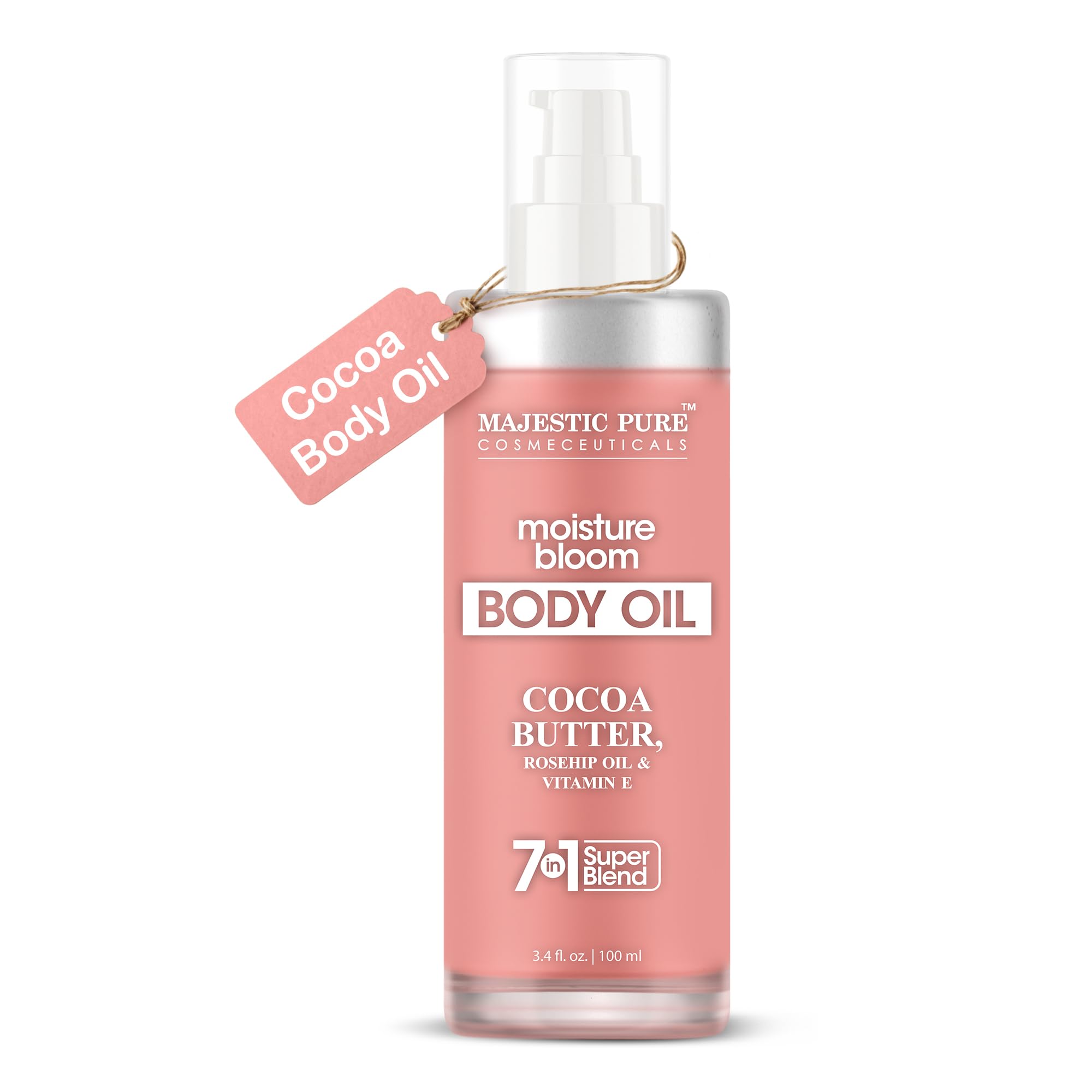 Majestic Pure Moisturizing Body Oil |100% Pure & Natural with Cocoa Butter, Rosehip, Vitamin E | After Shower Body Oils for Women and Men | Scented Radiant Skin Therapy Firming Massage Oil | 3.4 Fl Oz