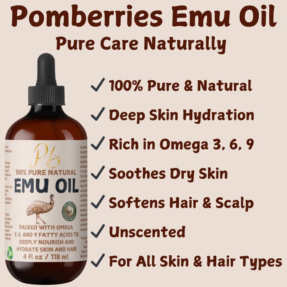 Emu Oil, 100% Pure Australian Emu Oil – Refined & Unscented – Natural Moisturizer for Hair, Skin, Face & Body – Helps with Scars, Dry Skin & Massage – 4 fl oz Glass Bottle