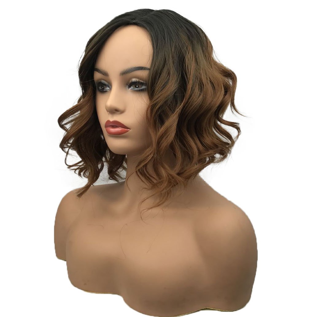 Wiginway Short Curly Wavy Wig Brown Ombre Bob Full Synthetic Wig For Women Medium 12 Inch