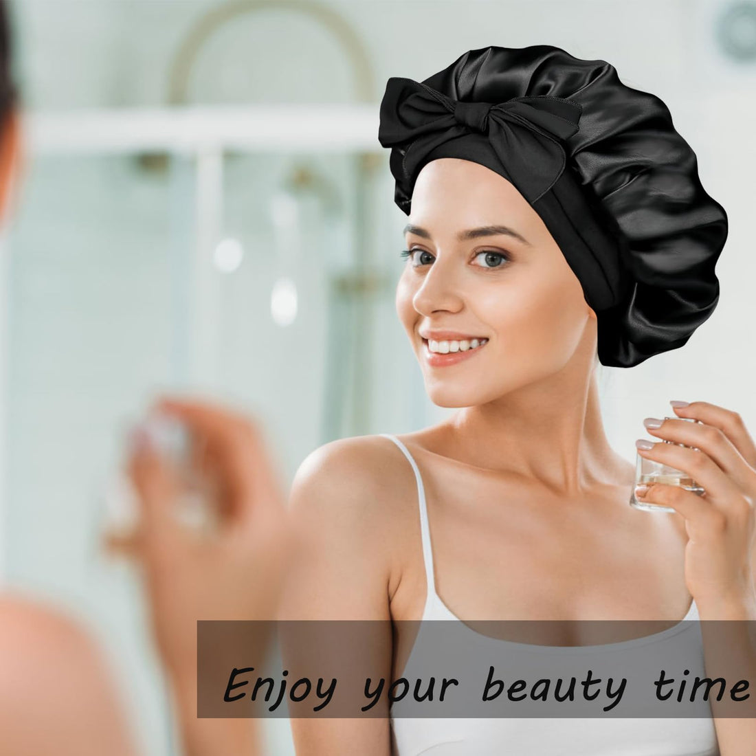 Silk Bonnet Satin Bonnet for Sleeping Large Bonnets with Tie Band Hair Wrap with Adjustable Straps Hair Cap for Women Curly Black