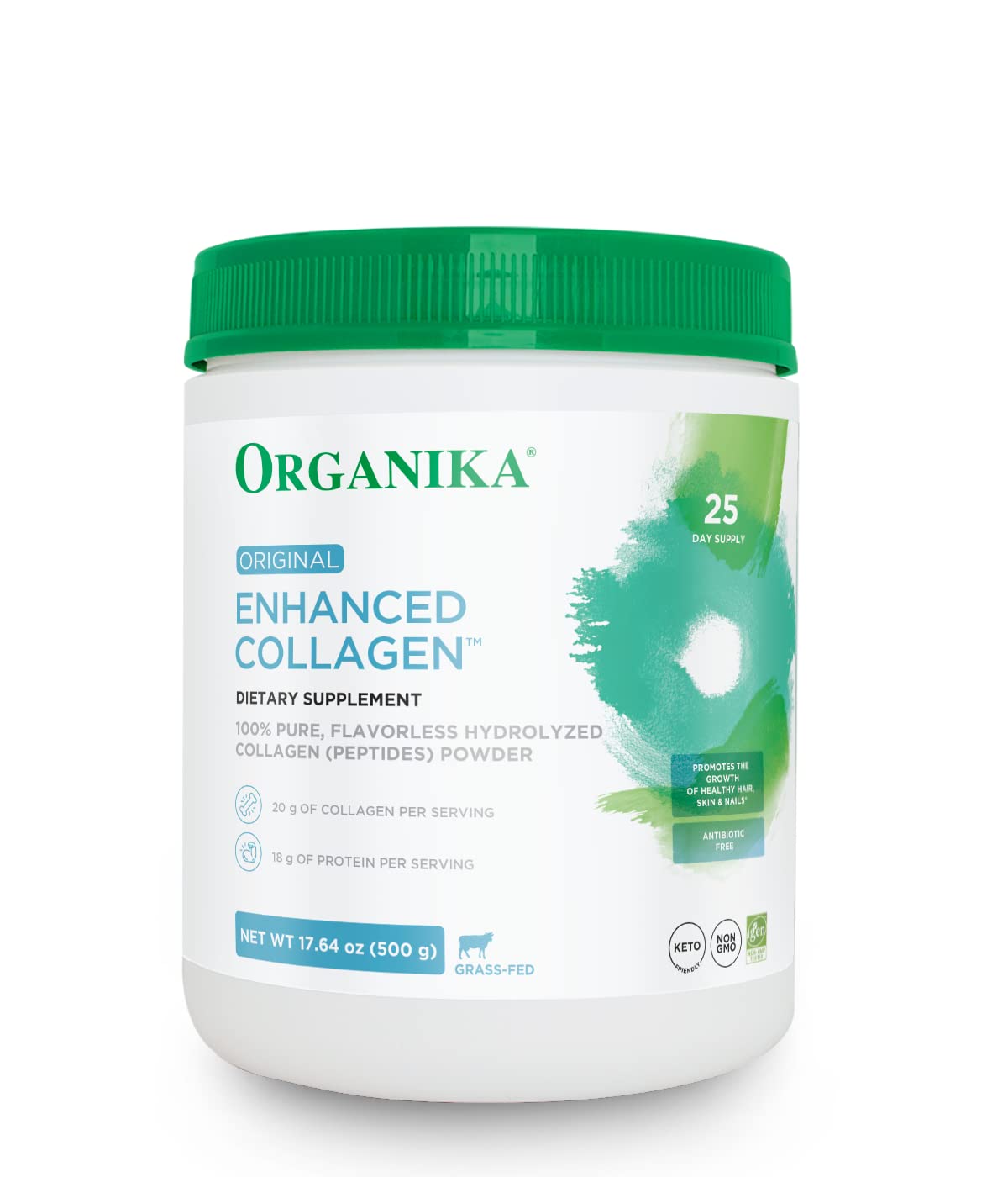 Organika Enhanced Collagen Peptides Protein Powder for Healthy Hair, Skin, Nails, Joints - Hydrolyzed for Better Absorption - Grass-Fed, Non-GMO, Type I and III - Unflavored 17.64 oz