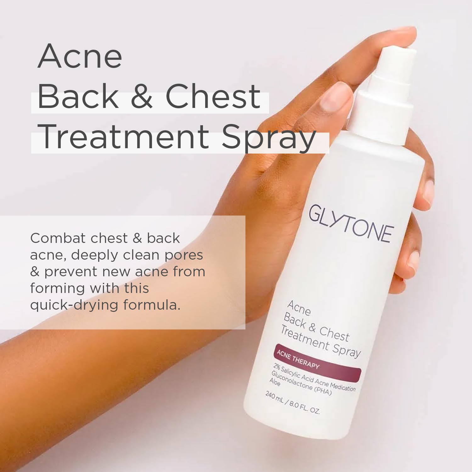 Glytone Chest & Back Acne Treatment Spray – 2% BHA Salicylic Acid with Gluconolactone – Body Acne Treatment for Bacne & Blackheads – Quick-Dry & Fragrance-Free Spray for Normal to Oily Skin – 8 fl oz