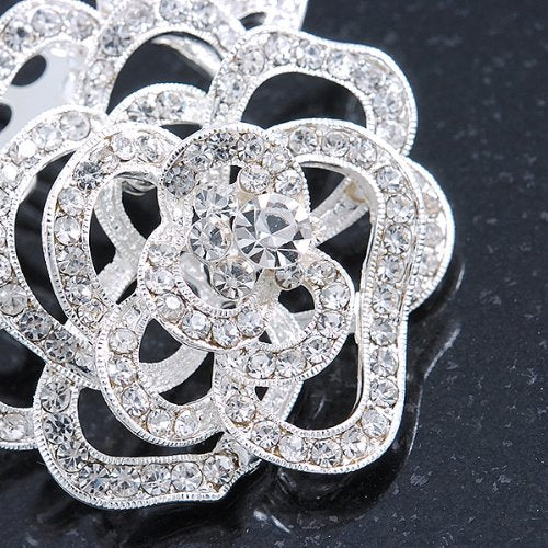 Bridal/Wedding/Prom/Party Rhodium Plated Clear Austrian Crystal Sculptured Rose Hair Comb - 55mm