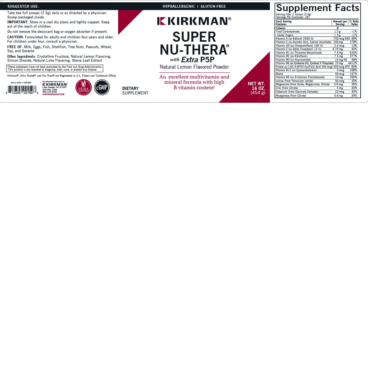 Kirkman Super Nu-Thera® with 25 mg P-5-P Powder - New, Improved Formula! | 454 gm/16 oz | Multi Vitamin
