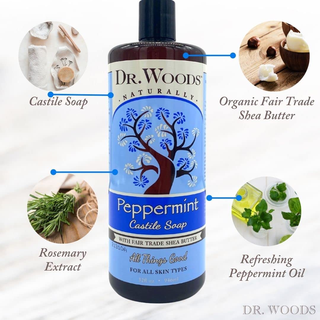 Dr. Woods Pure Peppermint Liquid Castile Soap with Organic Shea Butter, 32 Ounce (Pack of 2)