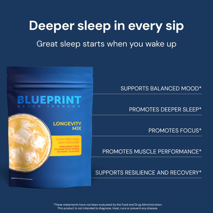 Blueprint Bryan Johnson Longevity Mix - Muscle Builder & Recovery Supplement - Promotes Focus and Stress Relief - Creatine, Ashwagandha, L-Theanine, Calcium - Vegan, Keto Friendly (Pineapple Yuzu)