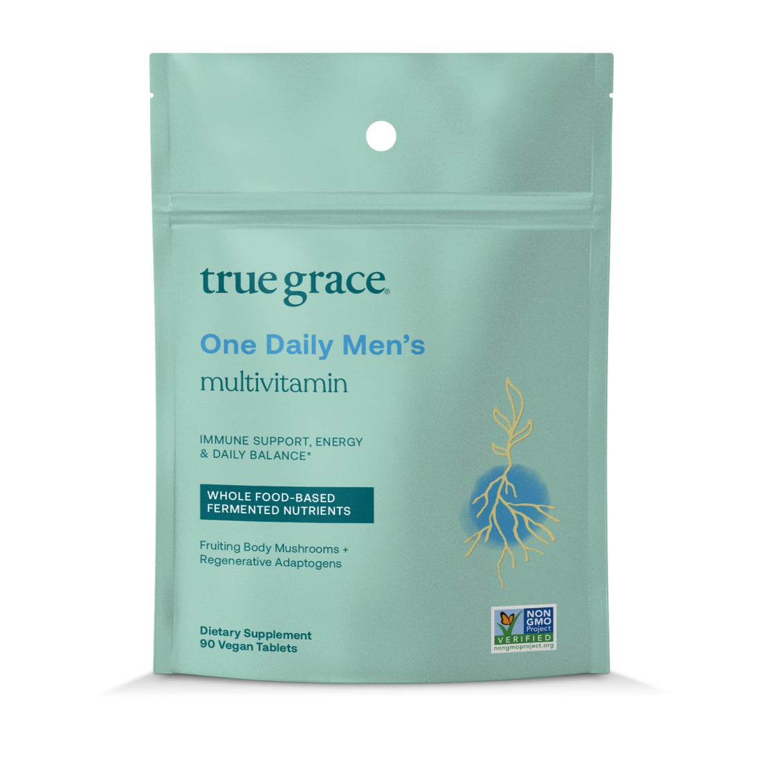 True Grace One Daily Men’s Multivitamin Fermented Minerals, Organic Adaptogens & Mushrooms Whole Body Balance Immune, Endurance, Bone & Heart Support - Non-GMO, Gluten Free - 90 Vegan Tablets