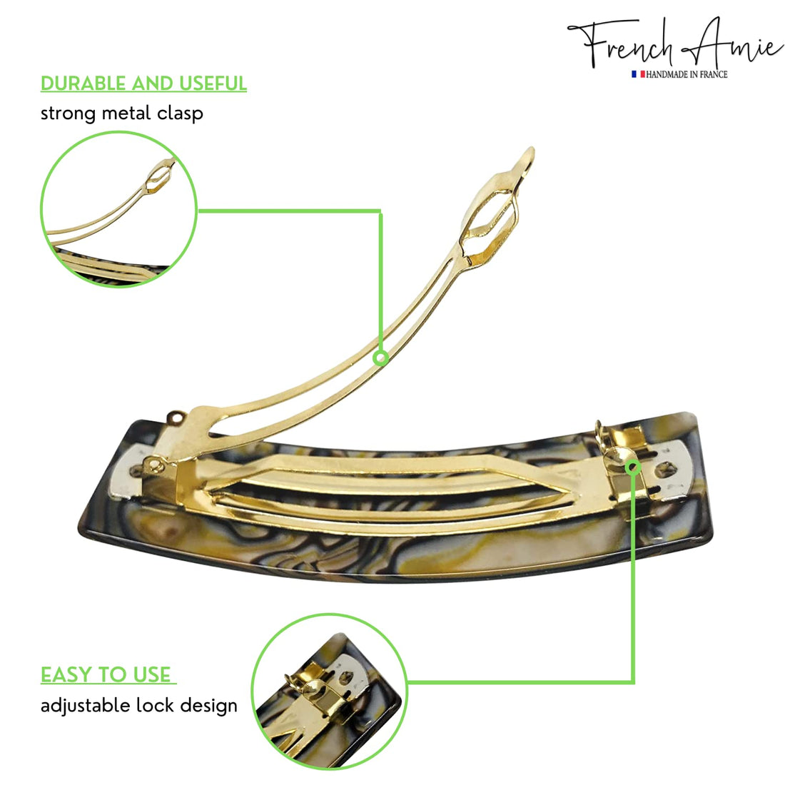 French Amie Fine Wide Rectangular Celluloid Handmade Onyx Automatic Hair Clip Barrette - Made to Last (Onyx)