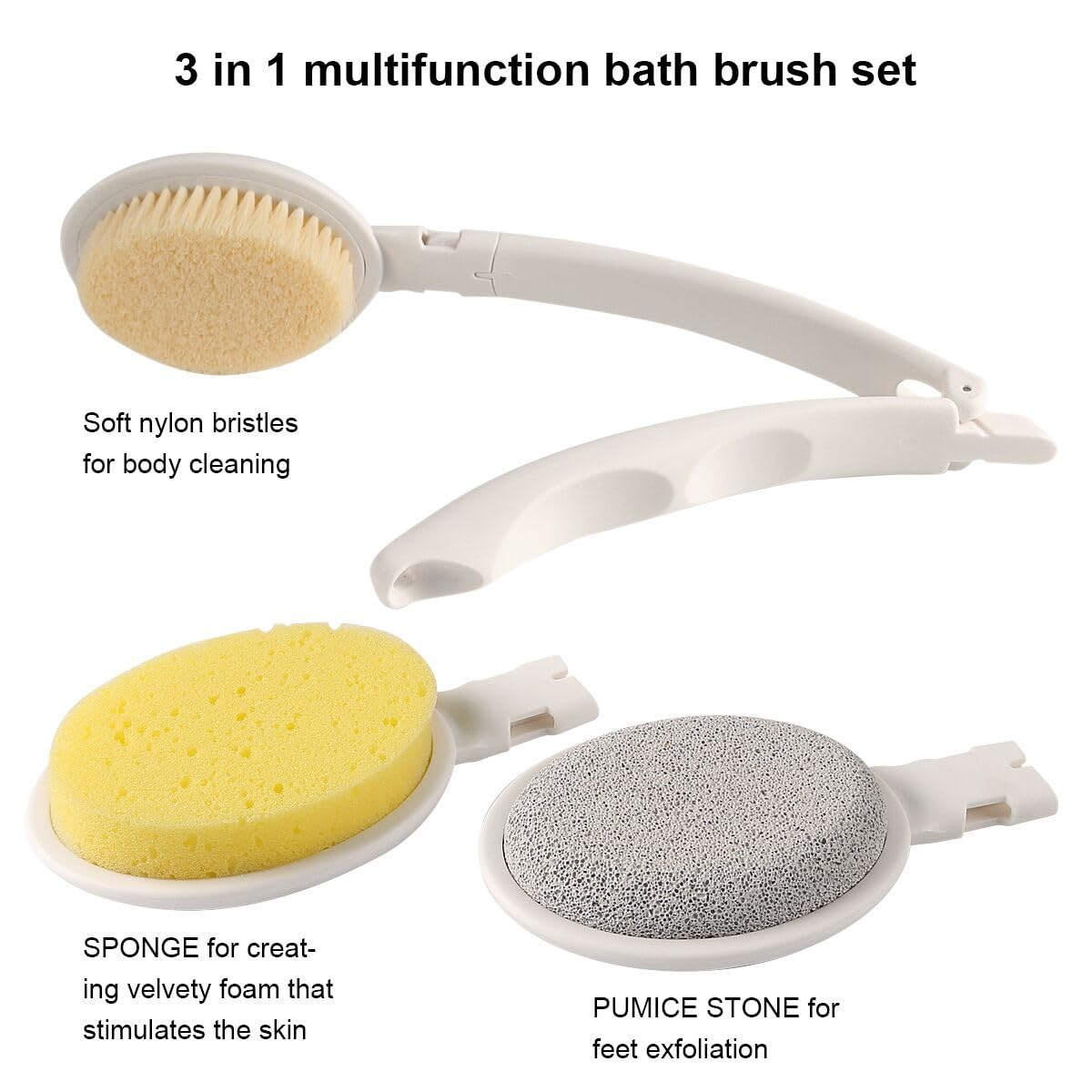 LFJ Bath Body Brush Set with Long Handle, 3 in 1 Foldable Shower Brush Back Scrubber with Brush Sponge Pumice Head for Bath and Shower, Exfoliating or Dry Skin Brushing