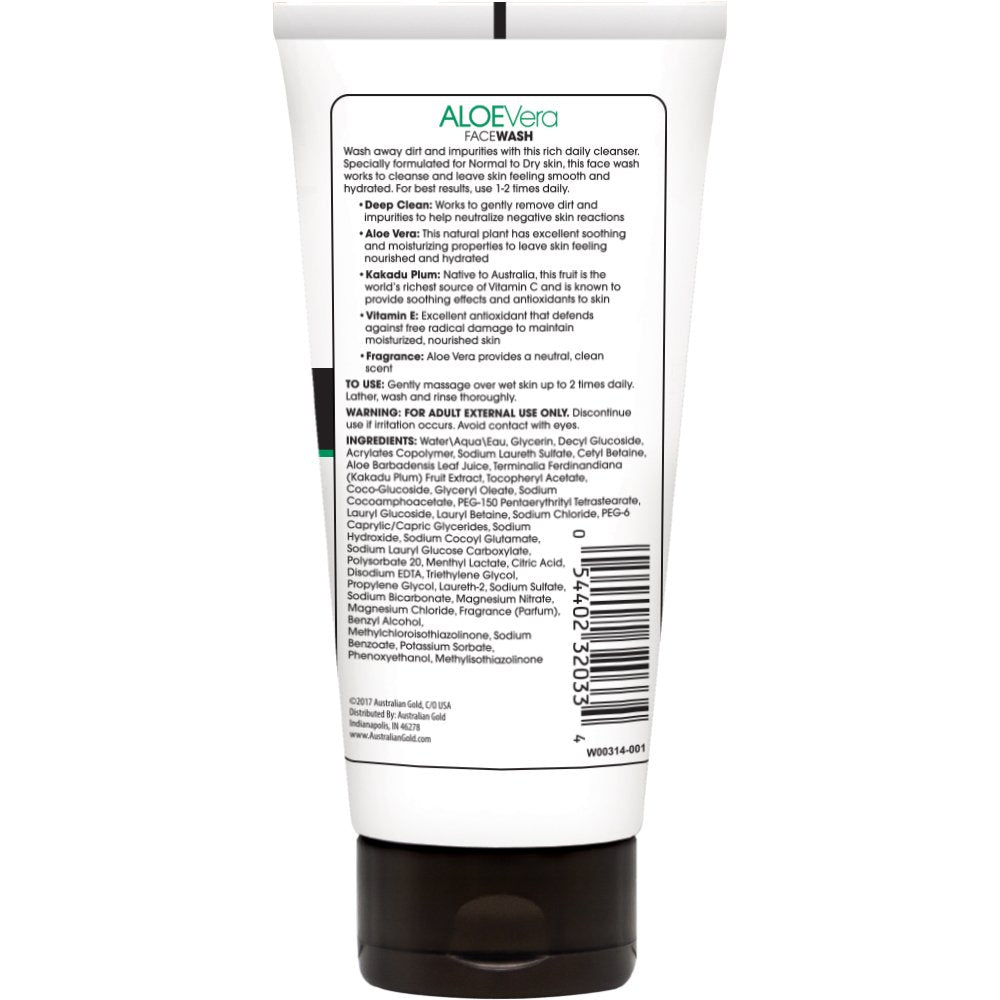Australian Gold Aloe Vera Daily Moisturizing Face Wash, 6 Ounce | Cleans Deep & Reduces Buildup | Normal To Dry Skin