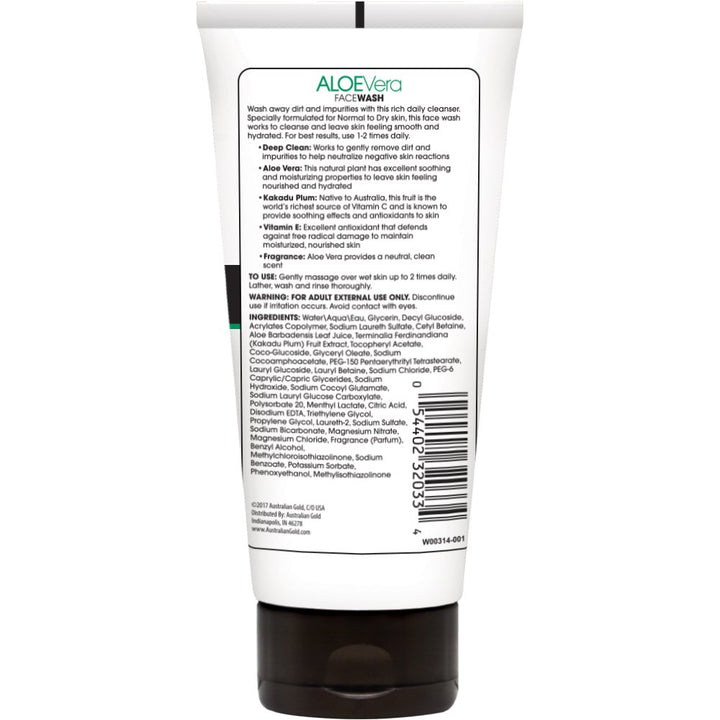 Australian Gold Aloe Vera Daily Moisturizing Face Wash, 6 Ounce | Cleans Deep & Reduces Buildup | Normal To Dry Skin