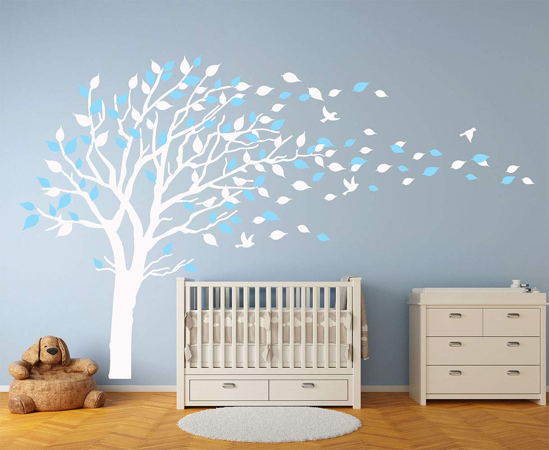 LUCKKYY Tree Blowing in The Wind Tree Wall Decals Wall Sticker Vinyl Art Kids Rooms Teen Girls Boys Wallpaper Murals Sticker Wall Stickers Nursery Decor Nursery Decals (White+Blue)