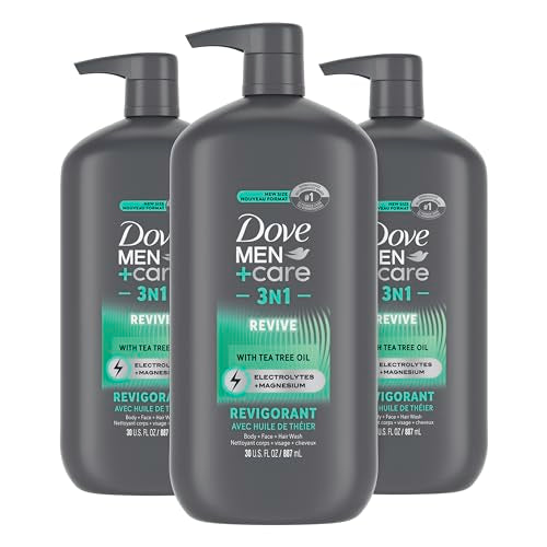 DOVE MEN + CARE Body and Face Wash Invigorating Revive 3N1 3 Count with Tea Tree Oil, with 24-Hour Nourishing Micromoisture Technology, 30 oz