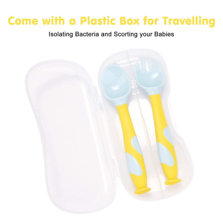 Qshare Baby Utensils Spoons with Travel Safe Case, Toddlers Feeding Training Spoon with Easy Grip and Bendable Function, Perfect Self Feeding Learning Spoons (SuctionYellow)