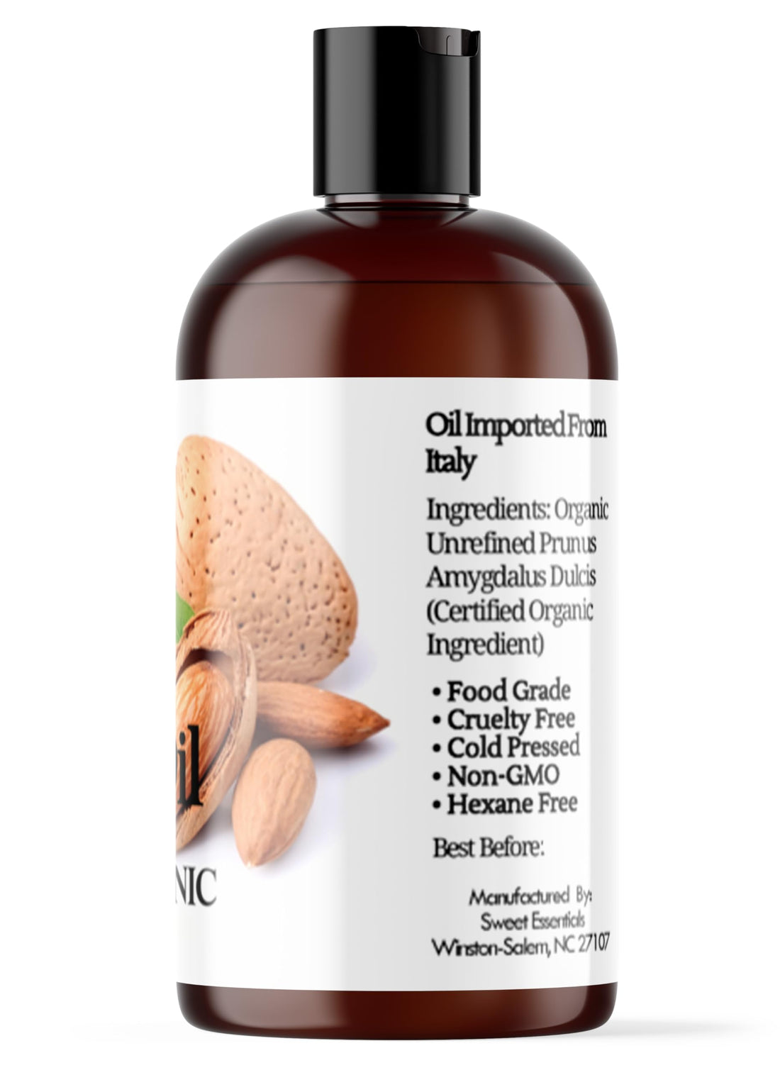 Organic Unrefined Sweet Almond Oil | 4oz Imported From Italy | 100% Pure | Cold Pressed | Hexane Free | Natural Moisturizer |Great For Hair, Skin & Nails | Carrier Oil | Great To Dilute Essential Oils