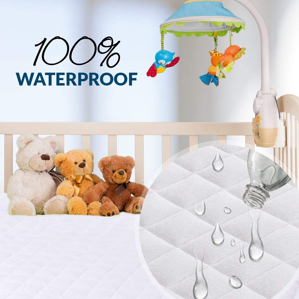 Crib Mattress Protector 100% Waterproof, Noiseless – Viscose Made from Quilted Ultra Soft White Terry Fitted Sheet Style (28x52)