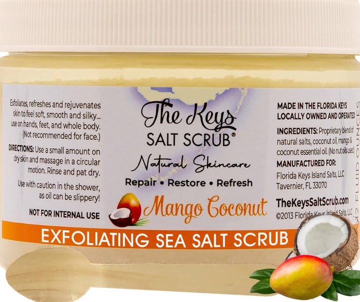 The Keys | Mango Coconut Sea Salt Scrub - Natural Exfoliating Body Scrub with Wooden Spoon, Organic Moisturizing Exfoliator for Face, Hand, Foot, Bath, Manicure/Pedicure & Bikini Area (12 oz)