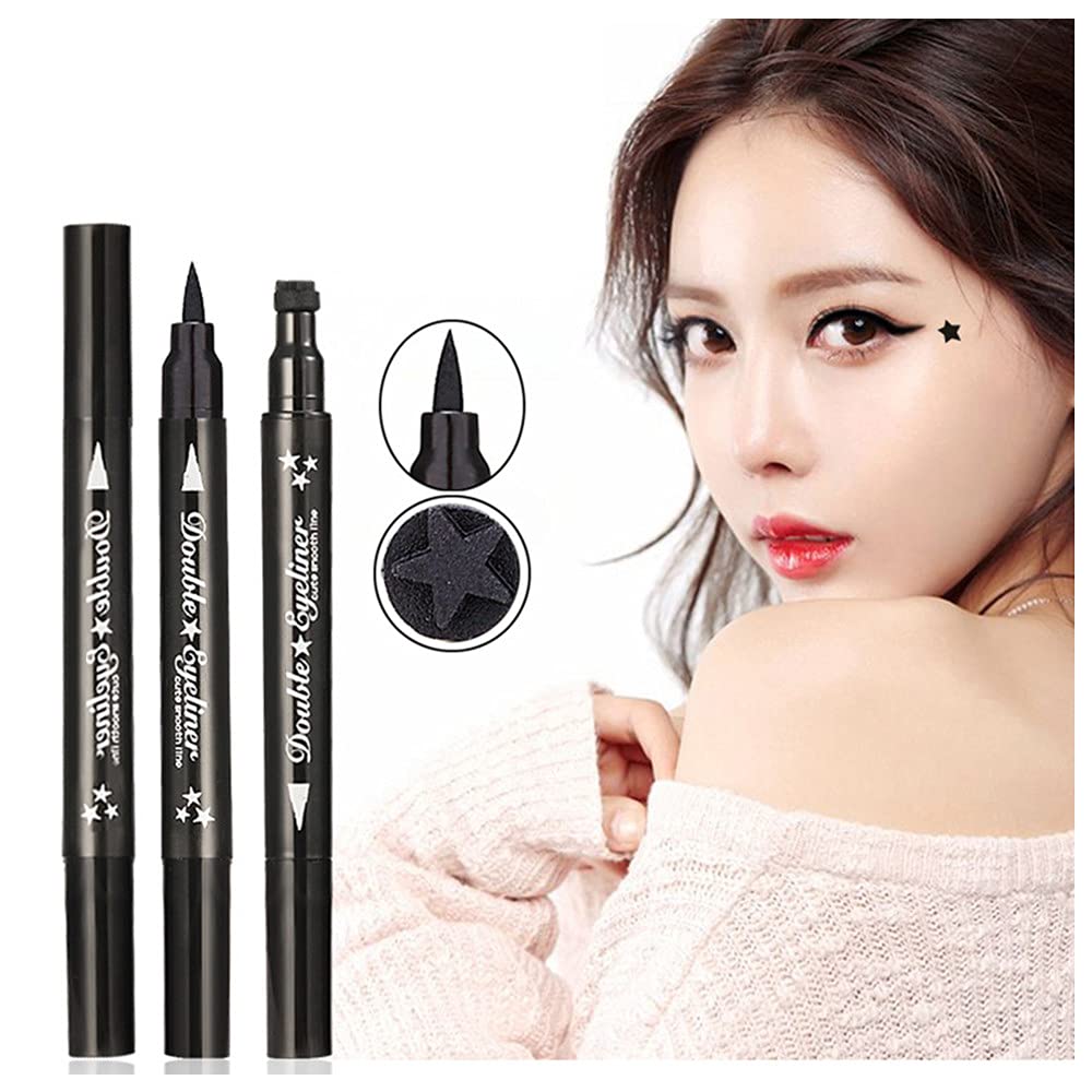 Pinkiou 2 in 1 Double-headed Liquid Eyeliner Pen Stamp Super Slim Gel Felt Tip High Pigment Black Waterproof Smudgeproof Long Lasting Tattoo Makeup Tool(Star)