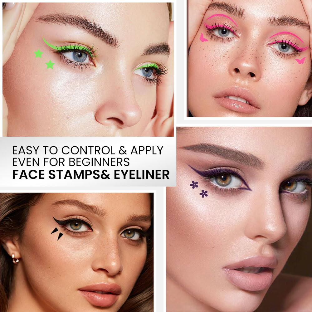 evpct 7Pcs Colored liquid Eye Liners Face Stamp Cosplay Gothic Makeup Set Kit for Beginners, Black Brown Purple Blue Red Pink Green Star Flowers Heart Moon Triangle Lightning Butterfly Stamps Eyeliner